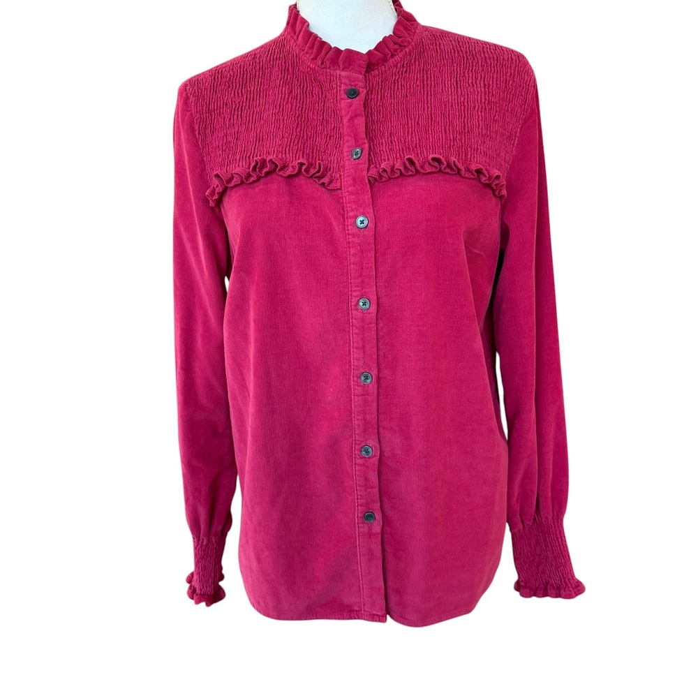 Boden Smocked Corduroy Button Up Shirt Raspberry‎ Pink Long Sleeve Ruffle Collar